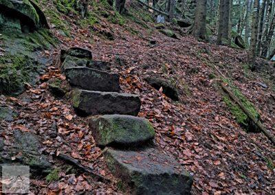 Góry Stołowe, Radkowskie Bastiony, kamienne schody na niebieskim szlaku z Radkowa