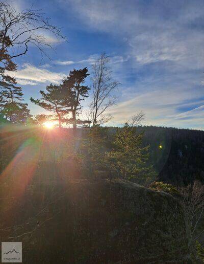 Góry Stołowe, szlak niebieski z Radkowa na Radkowskie Bastiony, słońce na szlaku